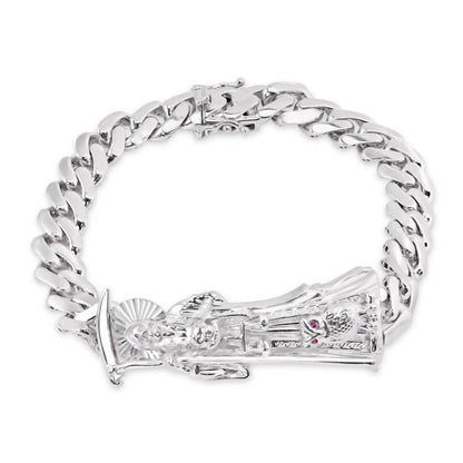 925 Sterling Silver Rhodium Plated Santa Muerte Angel of Death 9mm Cuban Bracelet