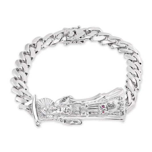 925 Sterling Silver Rhodium Plated Santa Muerte Angel of Death 9mm Cuban Bracelet
