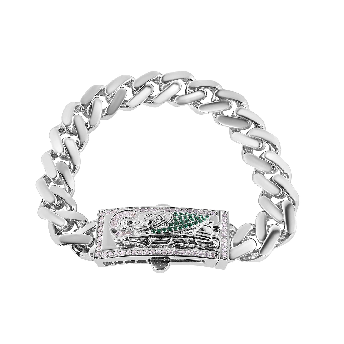 925 Sterling Silver Rhodium Plated Rectangle St Jude Cuban 6.5mm Clear CZ Bracelet