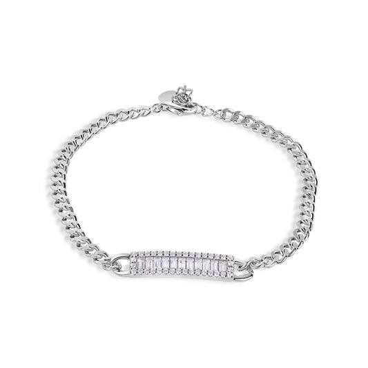 925 Sterling Silver Rhodium Plated 3.5mm Curb Baguette Clear CZ Adjustable Bracelet