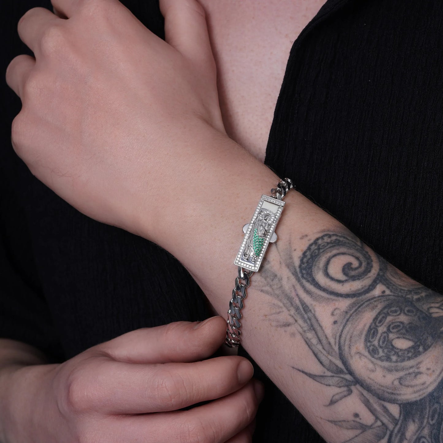 925 Sterling Silver Rhodium Plated Rectangle St Jude Cuban 6.5mm Clear CZ Bracelet