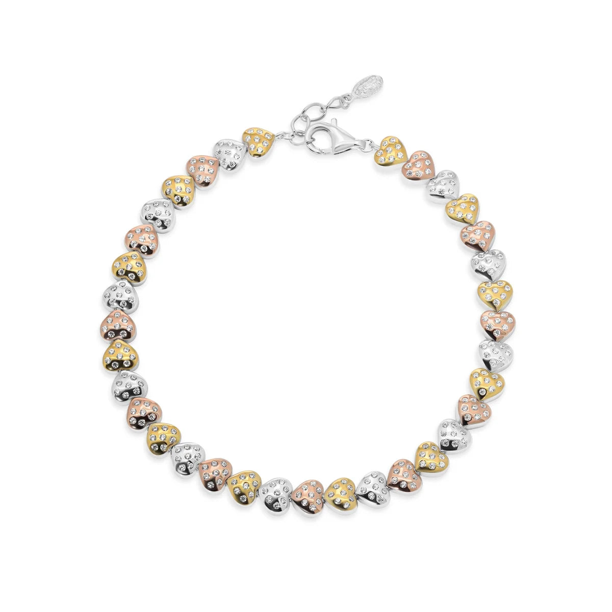 925 Sterling Silver Three Tone Plated Heart Charms Guadalupe 5.6mm Clear CZ Adjustable Bracelet