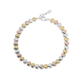 925 Sterling Silver Three Tone Plated Heart Charms Guadalupe 5.6mm Clear CZ Adjustable Bracelet
