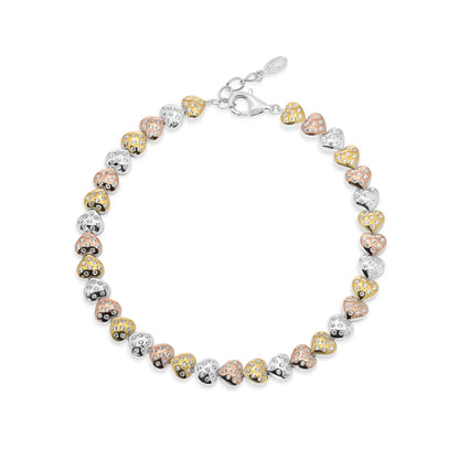 925 Sterling Silver Three Tone Plated Heart Charms Guadalupe 5.6mm Clear CZ Adjustable Bracelet