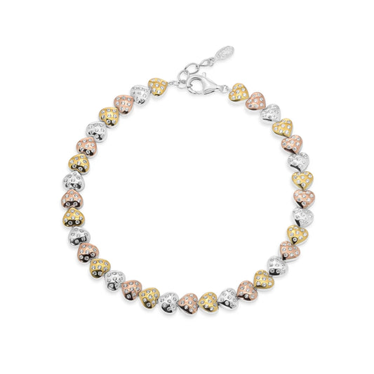925 Sterling Silver Three Tone Plated Heart Charms Guadalupe 5.6mm Clear CZ Adjustable Bracelet
