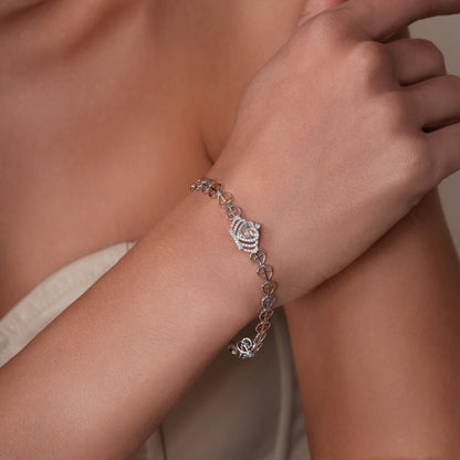 925 Sterling Silver Three Tone Plated Heart Cross Quinceañera Crown 16.2mm x 11.3mm Clear CZ Adjustable Bracelet