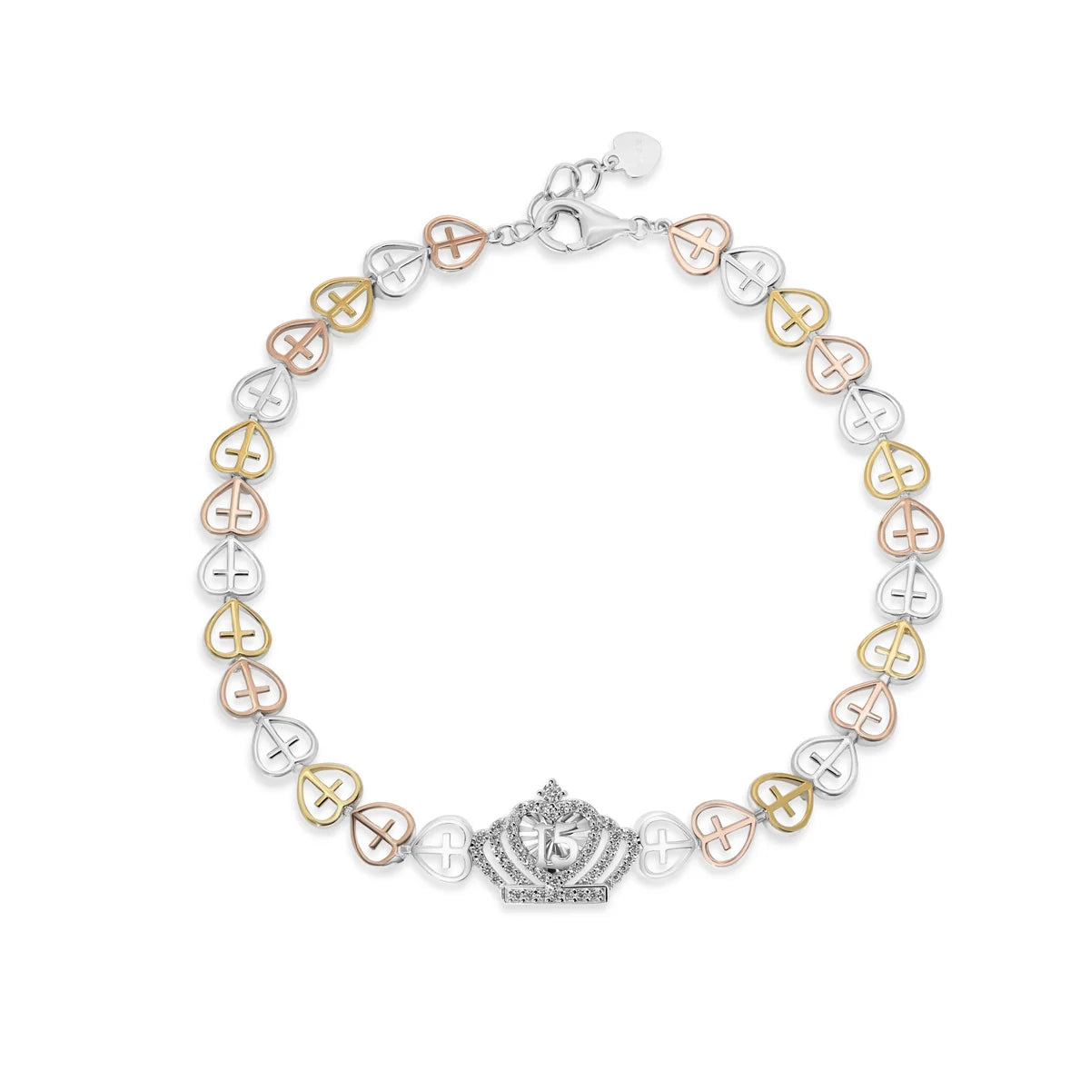 925 Sterling Silver Three Tone Plated Heart Cross Quinceañera Crown 16.2mm x 11.3mm Clear CZ Adjustable Bracelet