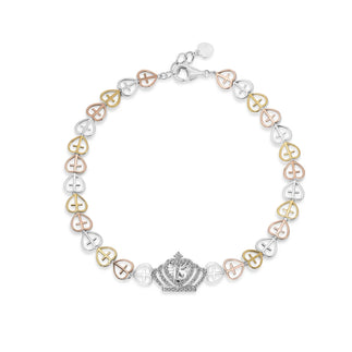 925 Sterling Silver Three Tone Plated Heart Cross Quinceañera Crown 16.2mm x 11.3mm Clear CZ Adjustable Bracelet