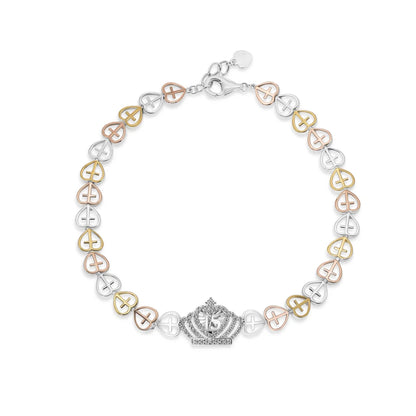 925 Sterling Silver Three Tone Plated Heart Cross Quinceañera Crown 16.2mm x 11.3mm Clear CZ Adjustable Bracelet
