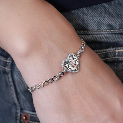 925 Sterling Silver Three Tone Plated Diamond Cut Heart Guadalupe 16.8mm x 15.1 Clear CZ Adjustable Bracelet
