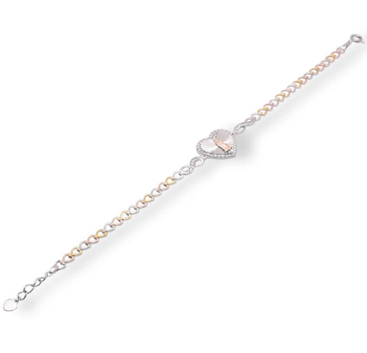 925 Sterling Silver Three Tone Plated Diamond Cut Heart Guadalupe 16.8mm x 15.1 Clear CZ Adjustable Bracelet