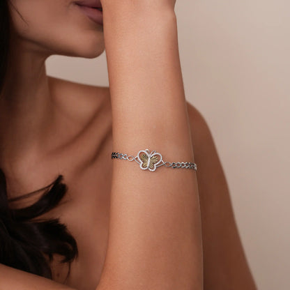 925 Sterling Silver Two Tone Plated Diamond Cut 17mm x 14mm Butterfly Clear CZ Adjustable Bracelet
