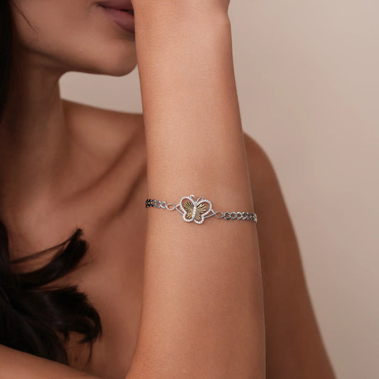925 Sterling Silver Two Tone Plated Diamond Cut 17mm x 14mm Butterfly Clear CZ Adjustable Bracelet