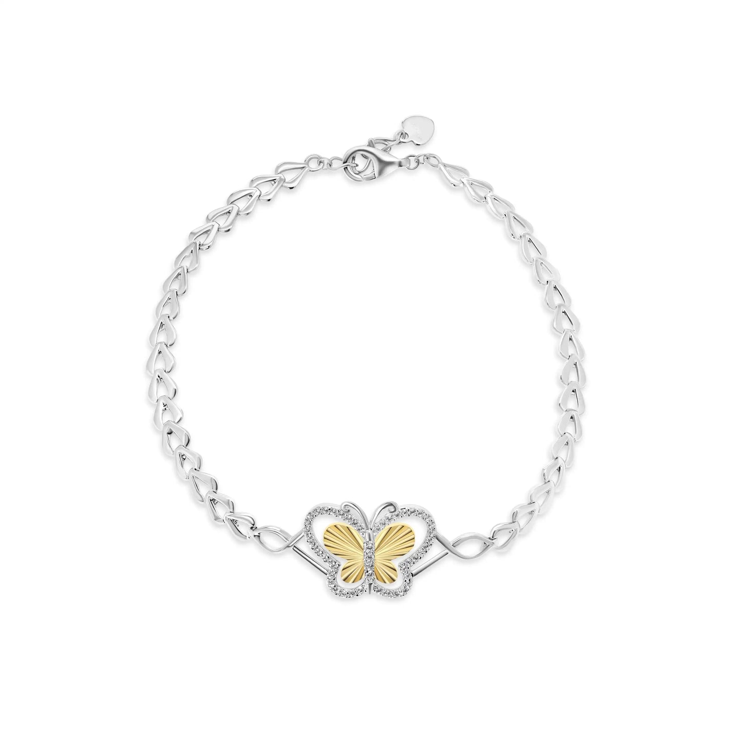 925 Sterling Silver Two Tone Plated Diamond Cut 17mm x 14mm Butterfly Clear CZ Adjustable Bracelet