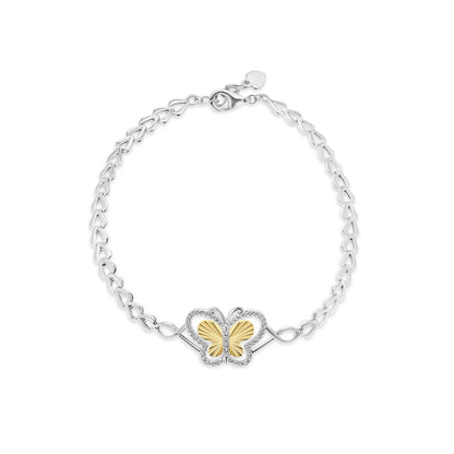 925 Sterling Silver Two Tone Plated Diamond Cut 17mm x 14mm Butterfly Clear CZ Adjustable Bracelet