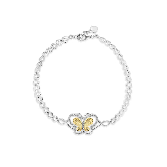 925 Sterling Silver Two Tone Plated Diamond Cut 17mm x 14mm Butterfly Clear CZ Adjustable Bracelet