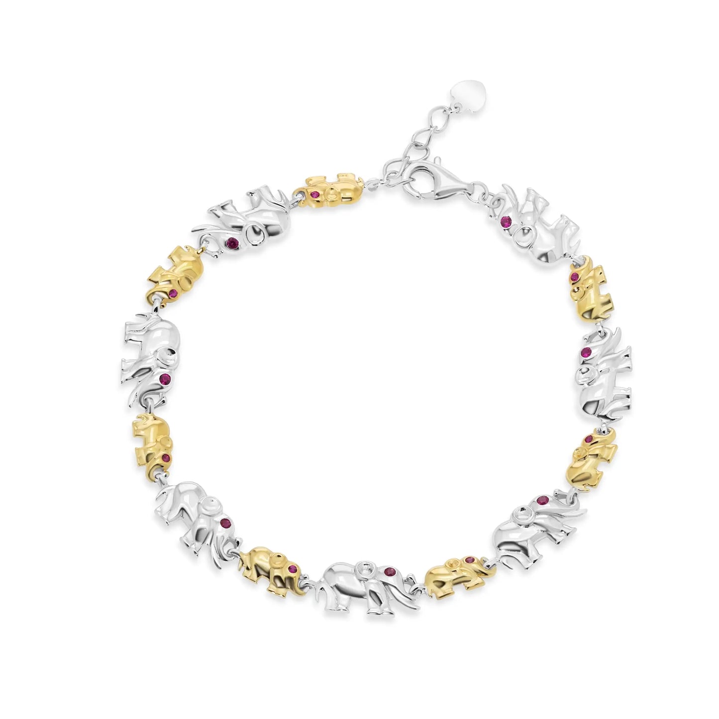 925 Sterling Silver Two Tone Plated Alternating Big and Small Elephant Clear and Ruby Red CZ Adjustable Bracelet