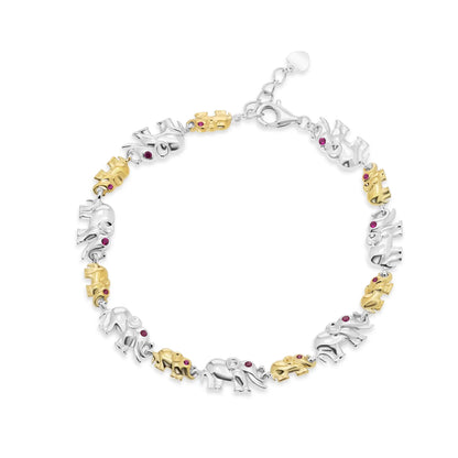 925 Sterling Silver Two Tone Plated Alternating Big and Small Elephant Clear and Ruby Red CZ Adjustable Bracelet