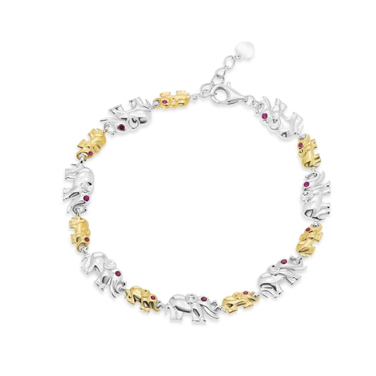 925 Sterling Silver Two Tone Plated Alternating Big and Small Elephant Clear and Ruby Red CZ Adjustable Bracelet