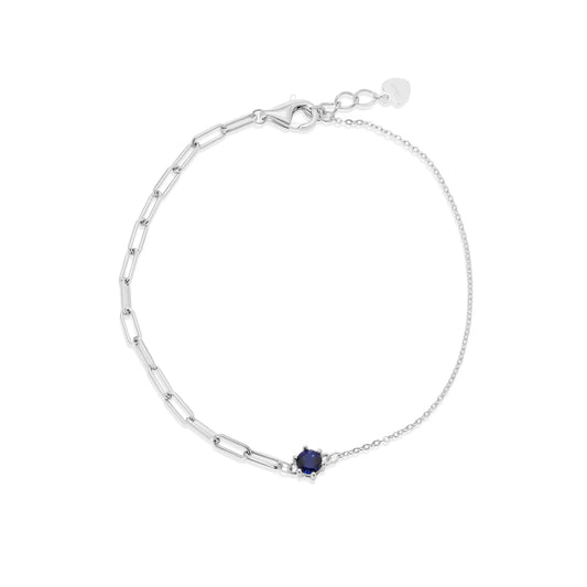 925 Sterling Silver Rhodium Plated Half Paperclip and Half Rolo Round Sapphire Blue CZ Adjustable Bracelet