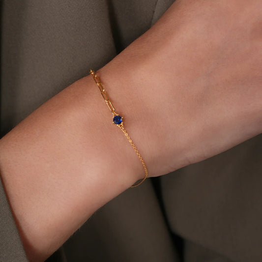 925 Sterling Silver Gold Plated Half Paperclip and Half Rolo Round Sapphire Blue CZ Adjustable Bracelet