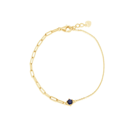 925 Sterling Silver Gold Plated Half Paperclip and Half Rolo Round Sapphire Blue CZ Adjustable Bracelet