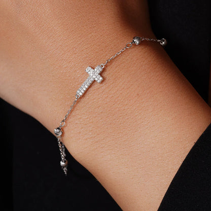 925 Sterling Silver Rhodium Plated 7.6mm x 13.2mm Cross Diamond Cut Round Charm Clear CZ Box Adjustable Bracelet