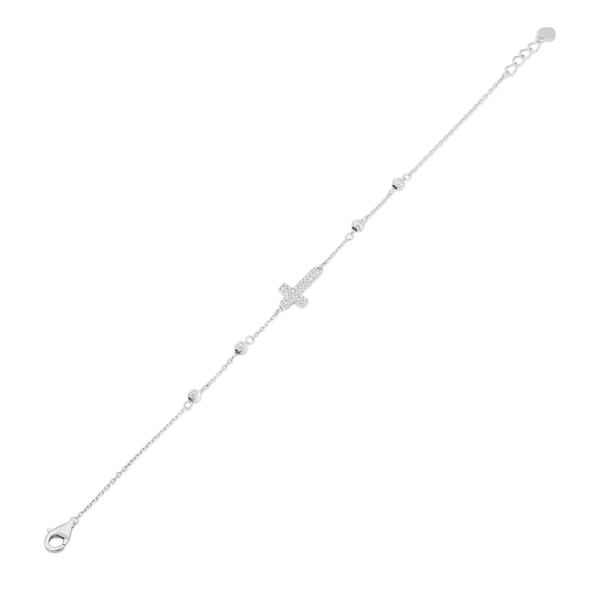 925 Sterling Silver Rhodium Plated 7.6mm x 13.2mm Cross Diamond Cut Round Charm Clear CZ Box Adjustable Bracelet