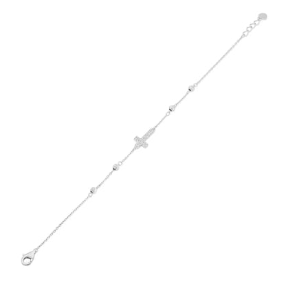 925 Sterling Silver Rhodium Plated 7.6mm x 13.2mm Cross Diamond Cut Round Charm Clear CZ Box Adjustable Bracelet