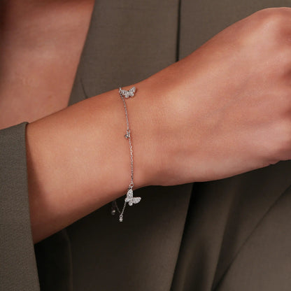 925 Sterling Silver Rhodium Plated Butterfly and Round Charms Clear CZ Adjustable Bracelet