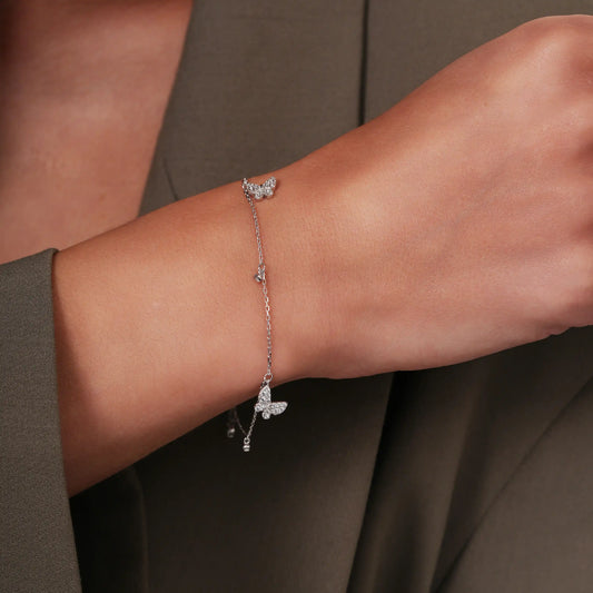 925 Sterling Silver Rhodium Plated Butterfly and Round Charms Clear CZ Adjustable Bracelet