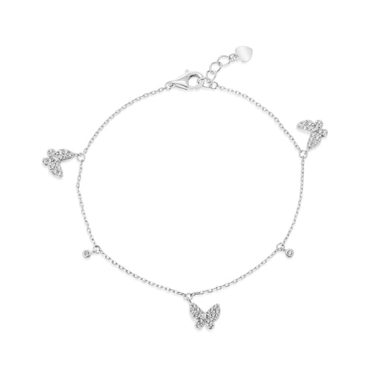 925 Sterling Silver Rhodium Plated Butterfly and Round Charms Clear CZ Adjustable Bracelet
