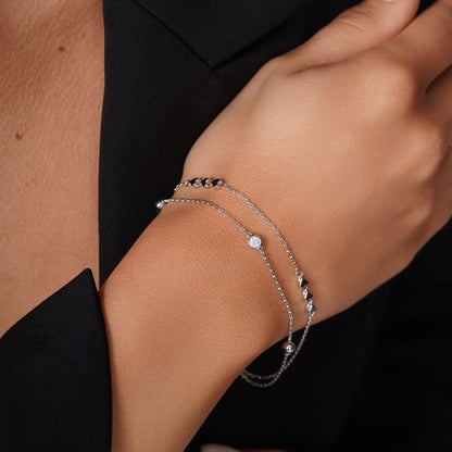 925 Sterling Silver Rhodium Plated Two Strand Heart Ball Charm Clear CZ Cross Diamond Cut Round Charm Clear CZ Adjustable Bracelet