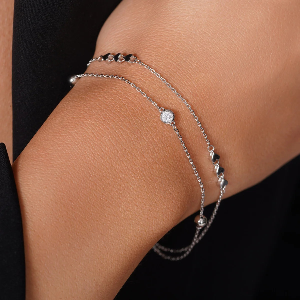 925 Sterling Silver Rhodium Plated Two Strand Heart Ball Charm Clear CZ Cross Diamond Cut Round Charm Clear CZ Adjustable Bracelet