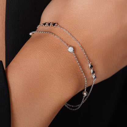 925 Sterling Silver Rhodium Plated Two Strand Heart Ball Charm Clear CZ Cross Diamond Cut Round Charm Clear CZ Adjustable Bracelet