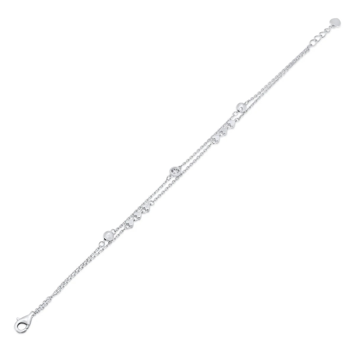 925 Sterling Silver Rhodium Plated Two Strand Heart Ball Charm Clear CZ Cross Diamond Cut Round Charm Clear CZ Adjustable Bracelet