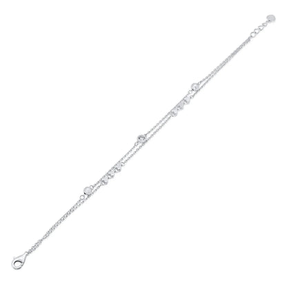 925 Sterling Silver Rhodium Plated Two Strand Heart Ball Charm Clear CZ Cross Diamond Cut Round Charm Clear CZ Adjustable Bracelet