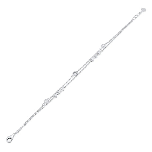 925 Sterling Silver Rhodium Plated Two Strand Heart Ball Charm Clear CZ Cross Diamond Cut Round Charm Clear CZ Adjustable Bracelet