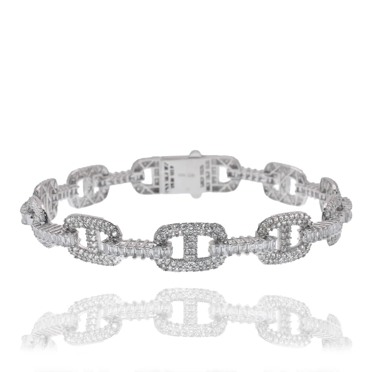 925 Sterling Silver Rhodium Plated Iced Out Mariner Link ID Baguette Clear CZ 9.5mm Bracelet