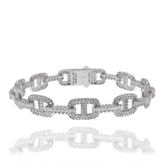 925 Sterling Silver Rhodium Plated Iced Out Mariner Link ID Baguette Clear CZ 9.5mm Bracelet