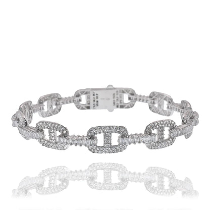 925 Sterling Silver Rhodium Plated Iced Out Mariner Link ID Baguette Clear CZ 9.5mm Bracelet