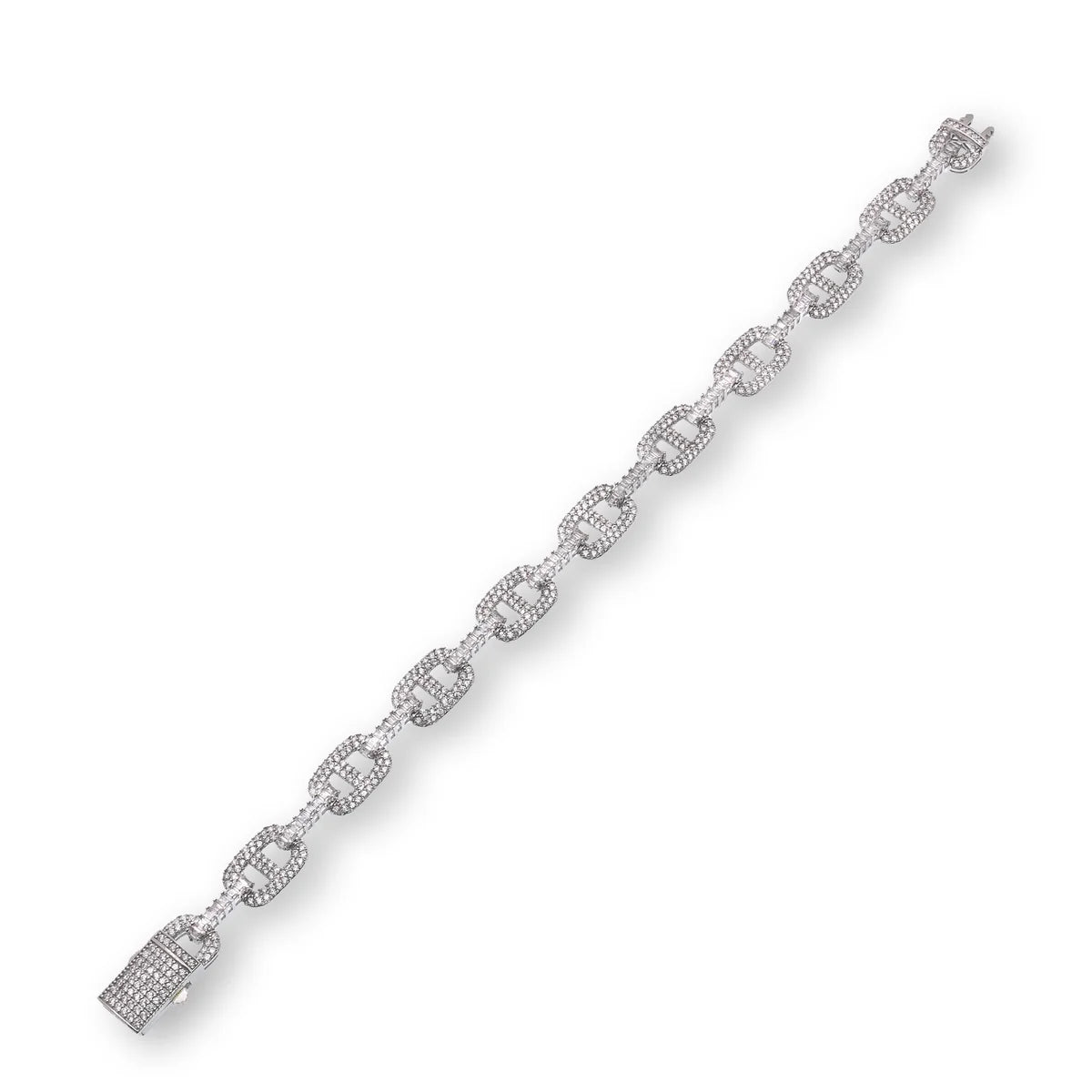 925 Sterling Silver Rhodium Plated Iced Out Mariner Link ID Baguette Clear CZ 9.5mm Bracelet