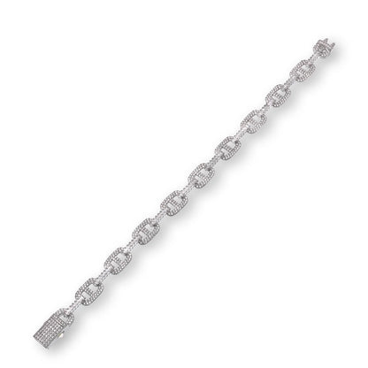 925 Sterling Silver Rhodium Plated Iced Out Mariner Link ID Baguette Clear CZ 9.5mm Bracelet