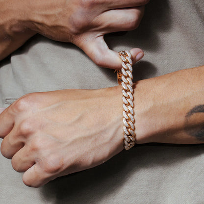 925 Sterling Silver Rose Gold Plated CZ Encrusted Miami Cuban Link Bracelet 11.5mm
