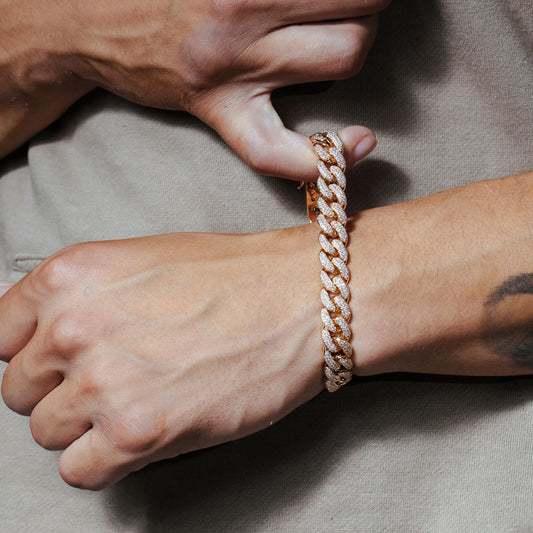 925 Sterling Silver Rose Gold Plated CZ Encrusted Miami Cuban Link Bracelet 11.5mm