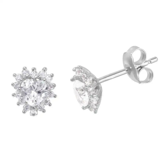 925 Sterling Silver Rhodium Plated CZ Heart Stud Earrings