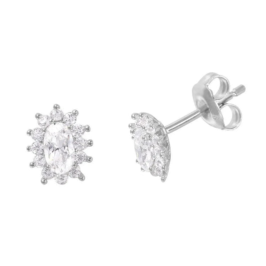 925 Sterling Silver Rhodium Plated Oval CZ Burst Stud Earrings