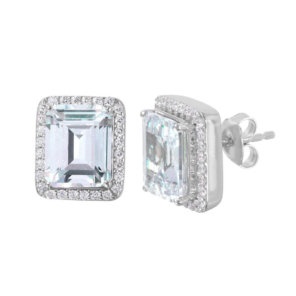 925 Silver Rhodium Plated Round Square CZ Stud Earrings
