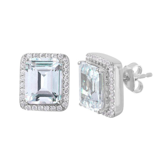 925 Silver Rhodium Plated Round Square CZ Stud Earrings