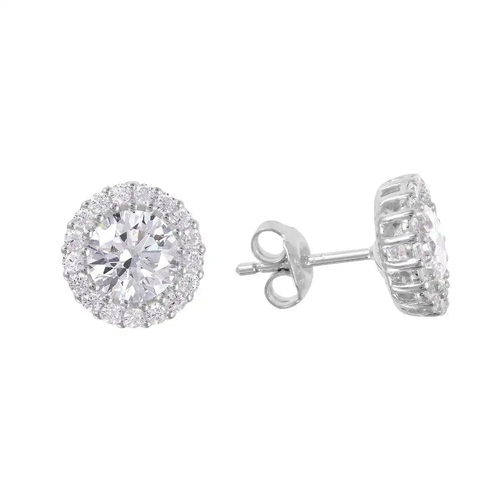 925 Sterling Silver Rhodium Plated Round CZ Halo Stud Earrings
